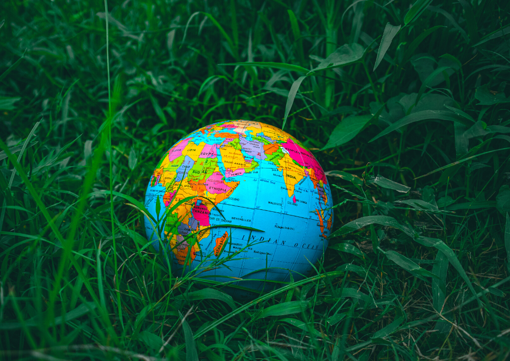 Zdjęcie piłki w kształcie kuli ziemskiej leżącej na trawie